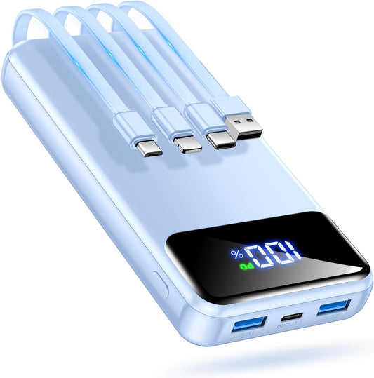 OHOVIV Portable Charger Power Bank 50000mAh,4 Built-in Cables Battery Pack | 22.5W Fasting Charging,Power 6 Devices,Camping Travel Essential,Portable Phone Charger compatible with iPhone,Samsung,Blue