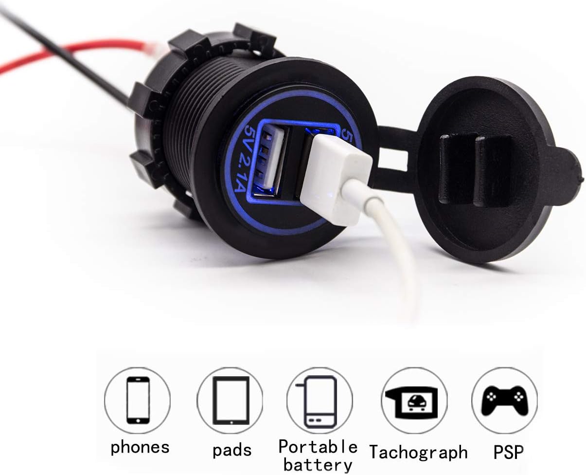 Dual USB Charger Socket Waterproof Power Outlet 12V/24V 2.1A & 2.1A for Car Boat Marine RV Mobile Blue LED