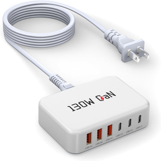 130W Charging Station 6-Port Type C Fast Charger Block-White | Charging Station Multiport Adpater for iPhone 17/16/15/14/13/Pro Max/Plus iPad mini/Pro Galaxy S26/S25 5ft Power Cord- White