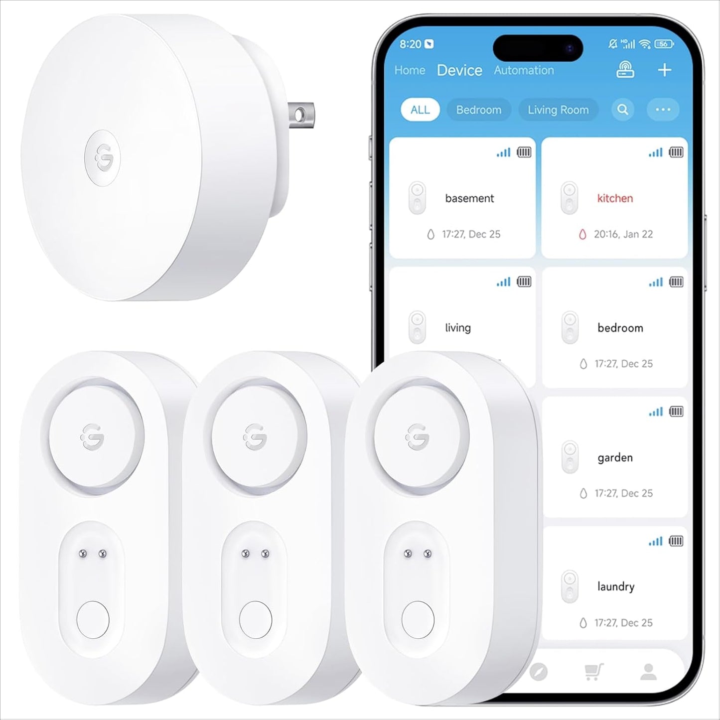 GoveeLife Upgraded Smart Water Leak Detector 1s with High Alarm, 3 Pack | 1804ft Ultra-Long Range, WiFi Water Sensor with SMS/Email/APP Push, 5Yr Battery Life,IP67, Suit for Home, Basement, Kitchen
