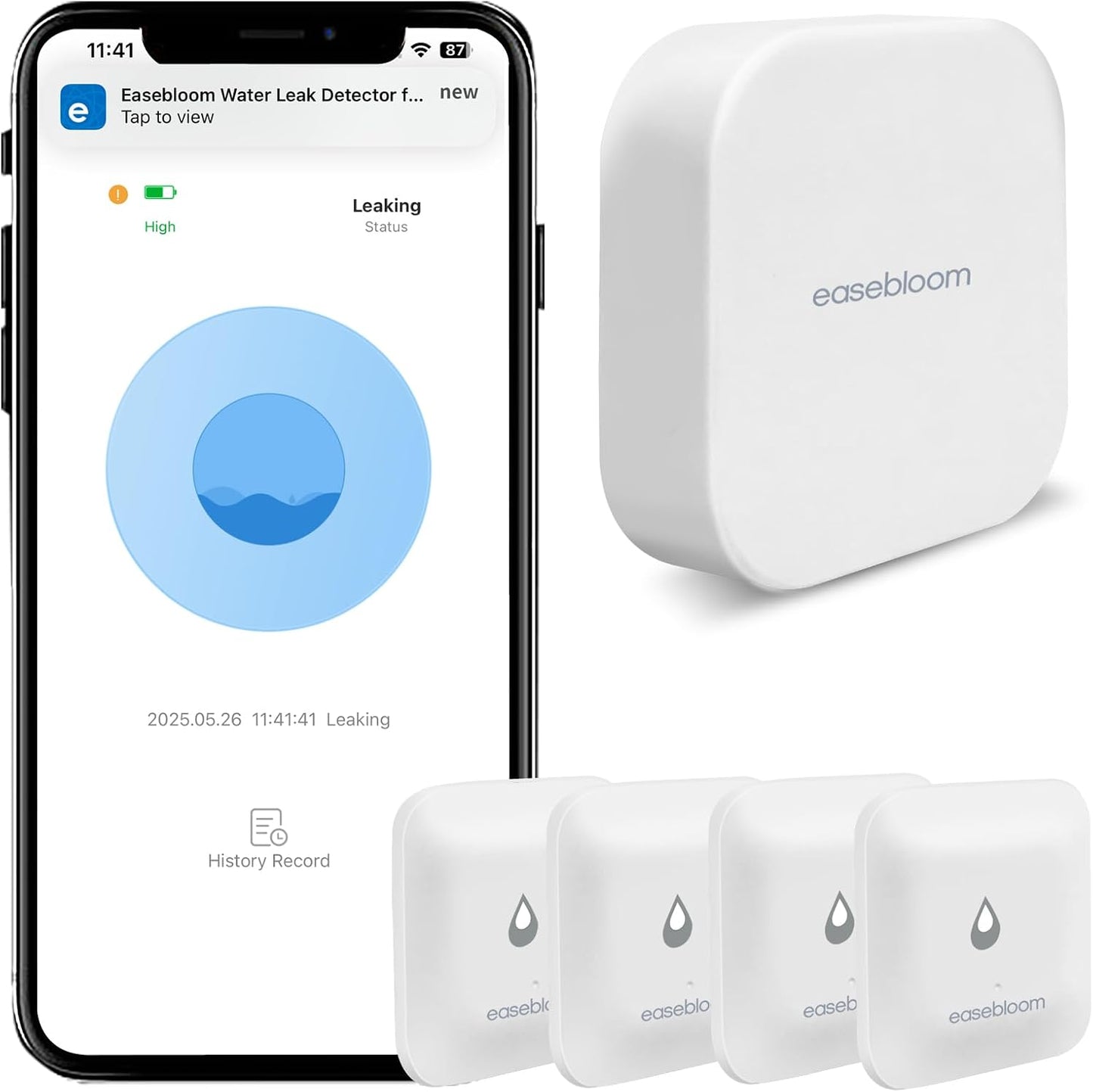 Water Leak Detector for Home, Hub & Mini Sensor 4-Pack | App Notifications, For Kitchen/Bathroom, Smart Water Leak Sensor