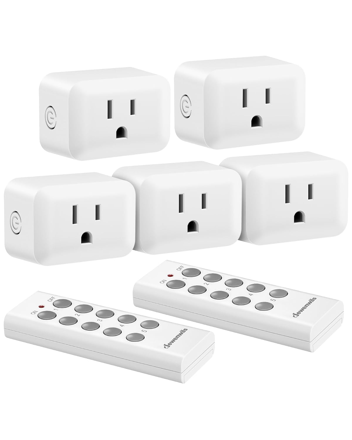 DEWENWILS Wireless Control Outlet 100FT Range, 125V/15A/1875W Light Switch | 2 Remote and 5 Outlets, Programmable and Expandable Electrical Switch for Christmas Decor, Lights, Fans