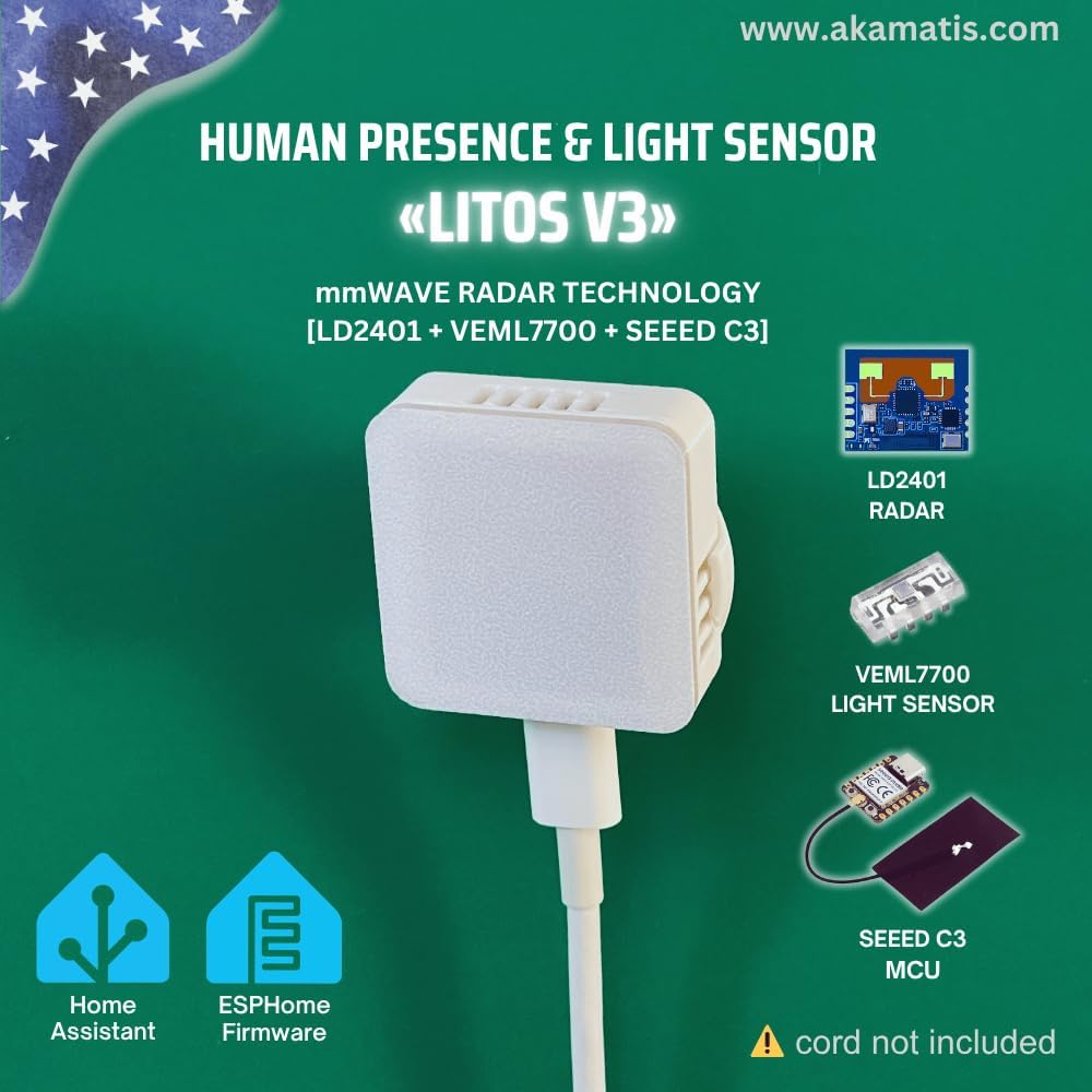 Akamatis Human Presence & Light Sensor Litos v3, mmWave Smart Motion Sensor, 2.4 GHz Wi-Fi, Adjustable Sensitivity, Requires Home Assistant (White, 1 Pack)