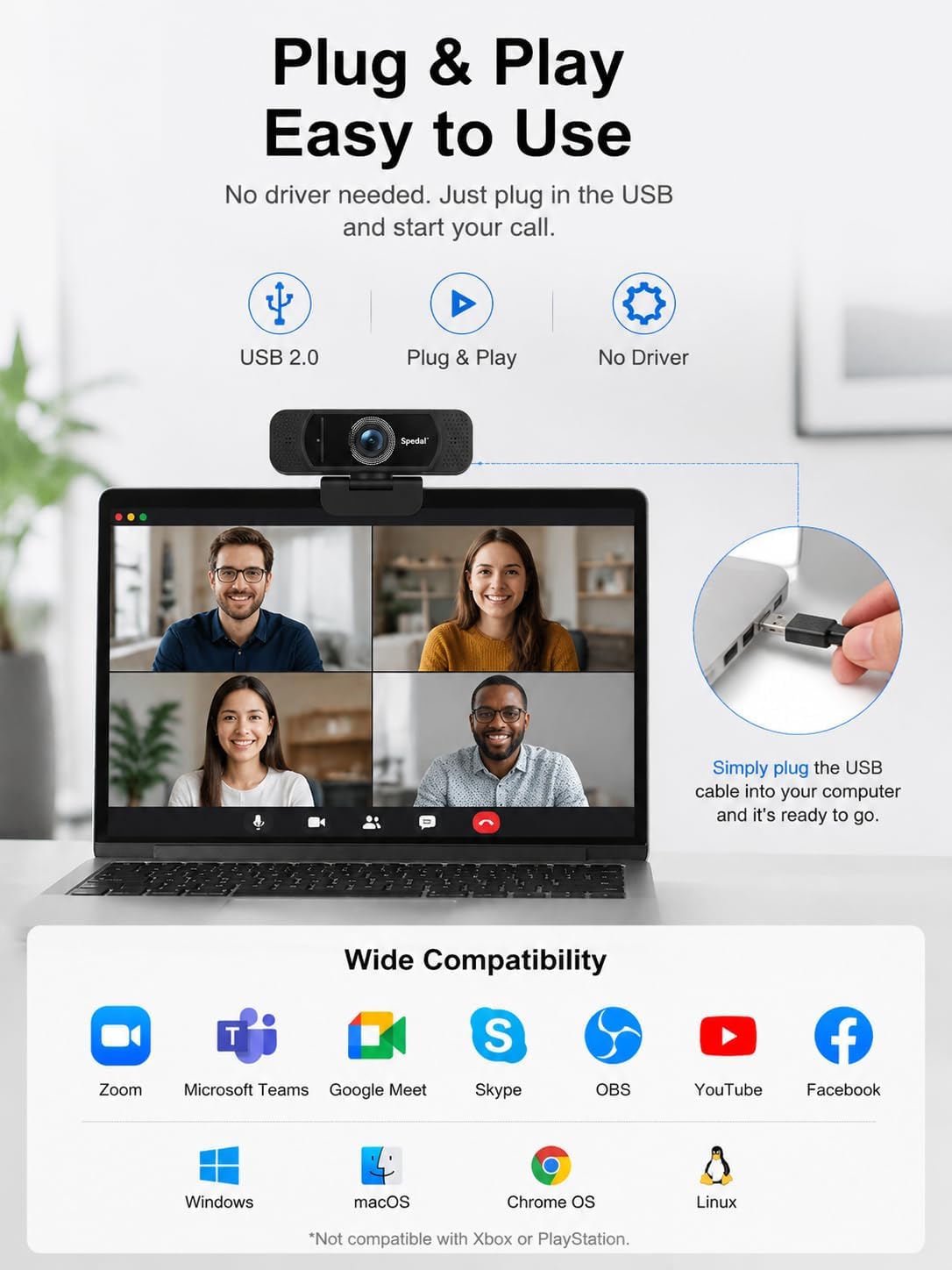 1080P Webcam with Microphone for Laptop and Desktop | Wide-angle web camera with auto light correction and plug-and-play setup for Zoom, video calls, streaming and classes.