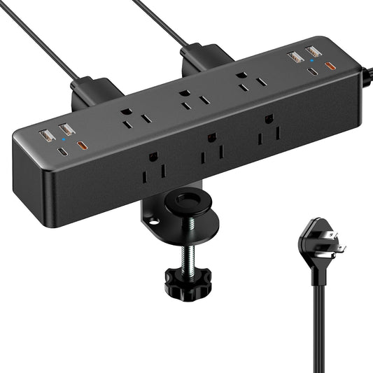 Desk Clamp Power Strip 10FT, 40W Total Fast Charging Station | 9 AC Outlets 8 USB Ports(4 USB C), 2 PD20W USB C Ports, Flat Plug Extension Cord, Desk Edge Mount, Fit 1.7" Tabletop Edge