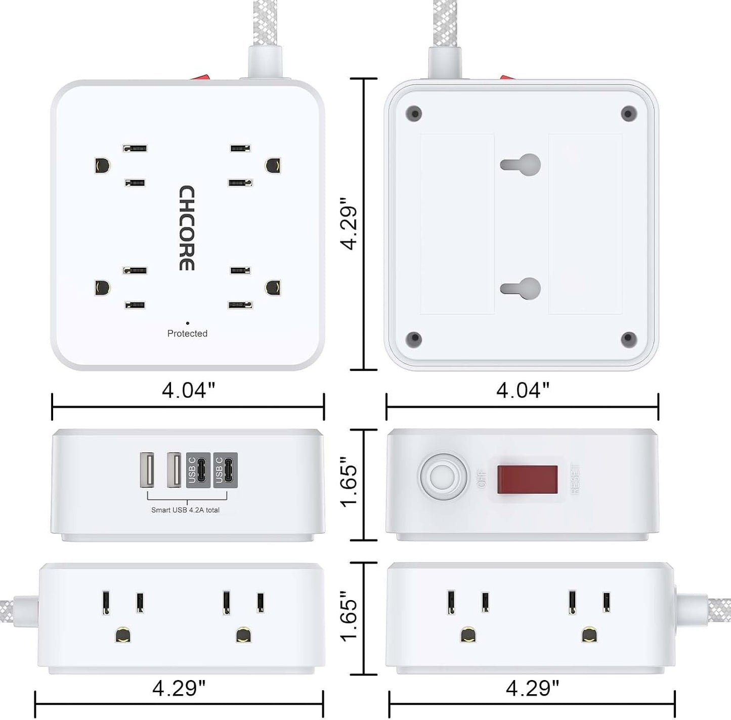 Surge Protector Power Strip - CHCORE 5Ft Braided Extension Cord with 8 Outlets with 4 USB (2 USB C) Charging Ports, Flat Plug Multi Plug Outlet Extender Charging Station for Home Office, ETL, White