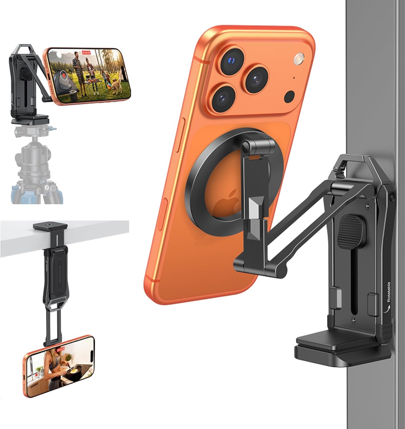 OMOTON TP02-Pro 5 in 1 Magnetic Phone Holder for Vlogging Essentials, Black | Arca-type Base with a 1/4" Screw Hole, Magnetic Ring with Rear Attachment Plate, for iPhone 12-17 Series, Gym Kitchen Travel