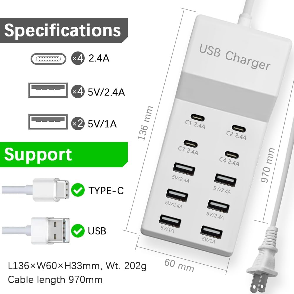 Multiple USB Charging Station for Multiple Devices USB Power Strip | 10 port USB charging block with 4 USB C and 6 USB A charging ports,USB Charging Hub for home office use