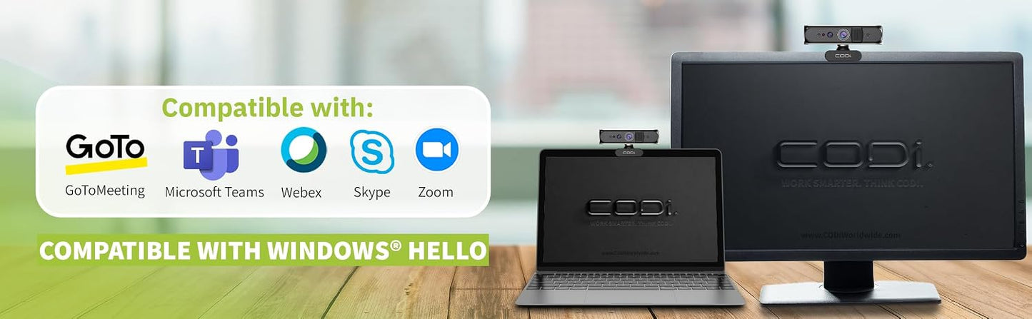 CODi Allocco HD 1080P IR Webcam with Windows Hello Facial Recognition, 30FPS USB-A Camera with Built-in Microphone, Auto Low-Light Correction for Video Conferencing &amp; Streaming