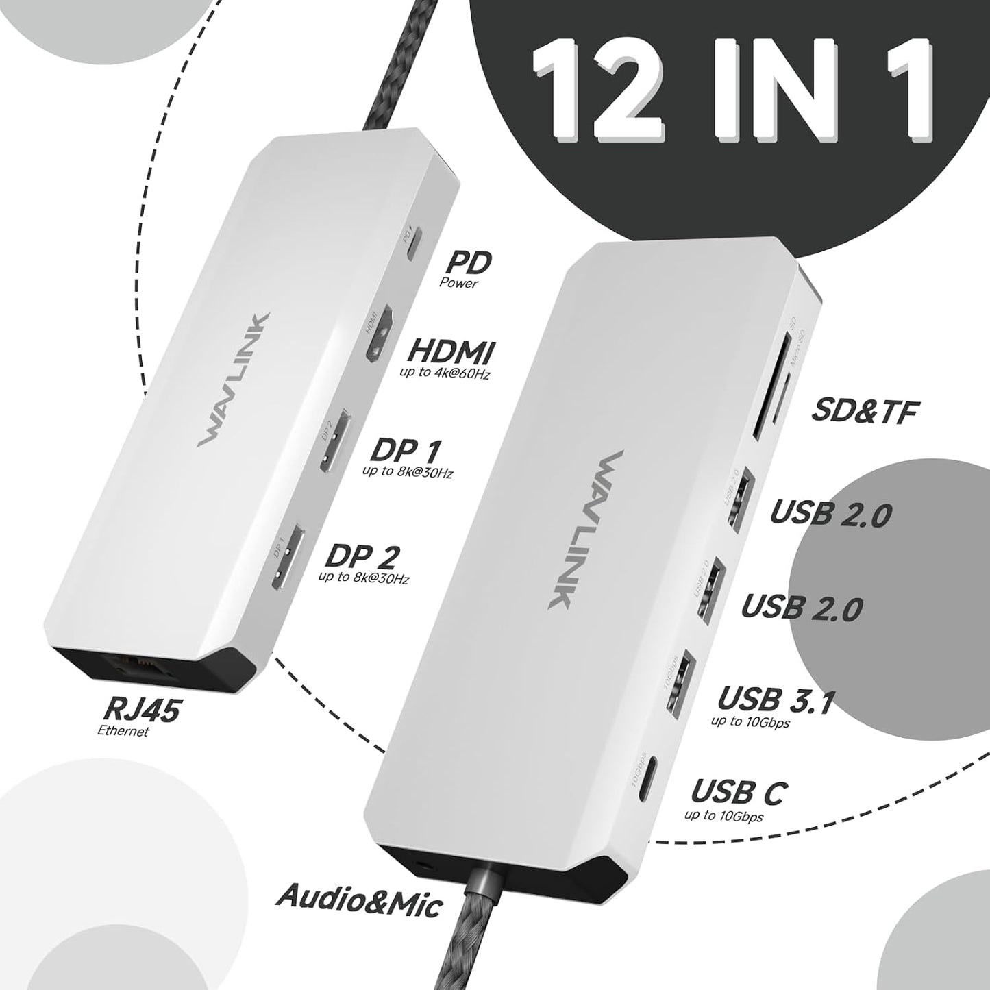 Laptop Docking Station,WAVLINK Triple Monitors Dock,Dual DisplayPort,HDMI | Single 8K@30Hz, 100W PD in, 3×USB-C/A 10Gb, 2.5G Ethernet, SD/TF and Mic/Audio, Compatible with Dell/HP/Lenovo, Windows Only