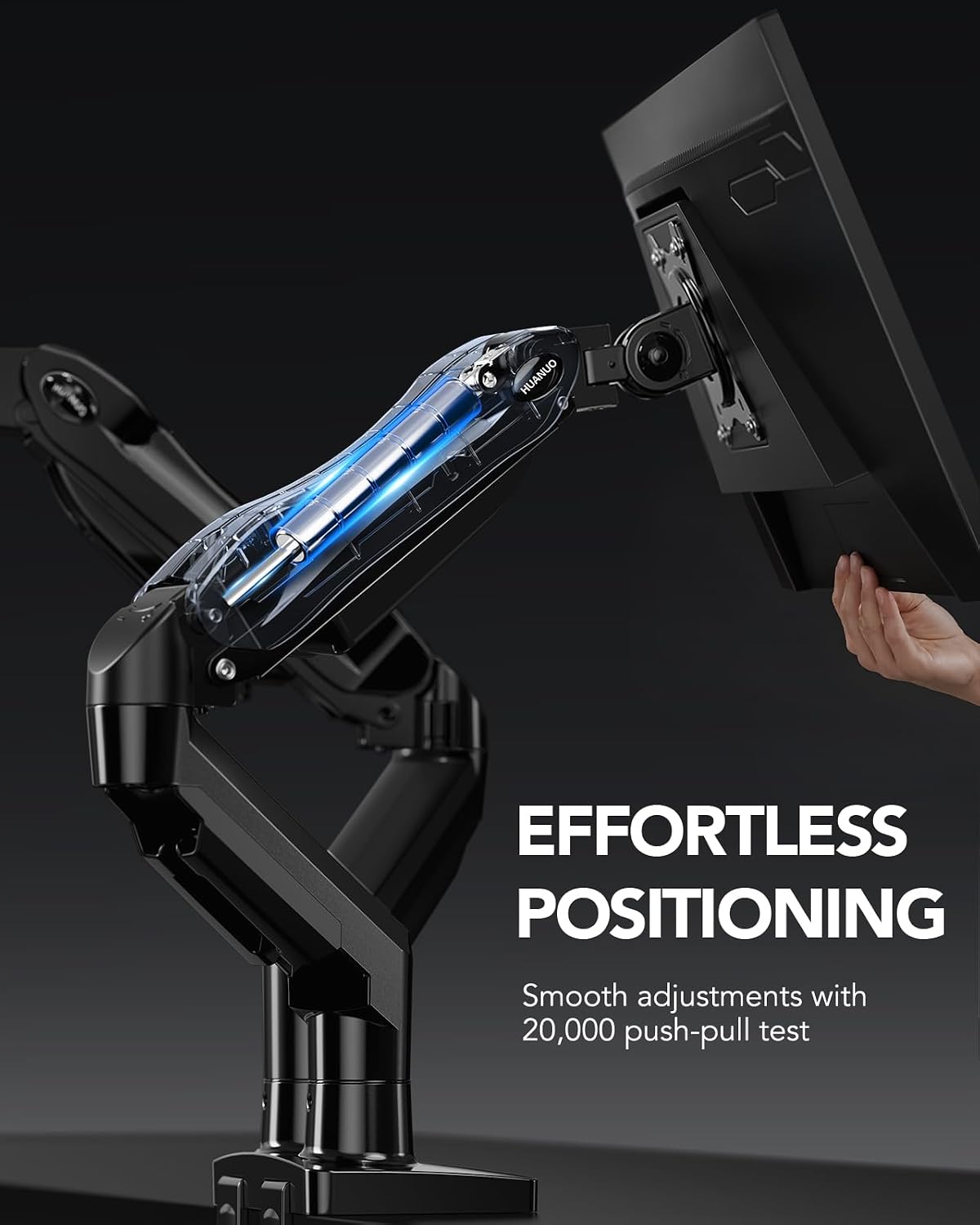 HUANUO FlowLift™ Dual Monitor Stand, Fully Adjustable Gaming Monitor Desk Mount for 13–32″ Computer Screens, Full Motion VESA 75x75/100x100 with C-Clamp & Grommet Base, Each Arm Holds 4.4 to 19.8 lbs