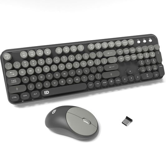 FOPETT Wireless Keyboard and Mouse Combo - Cute Colorful Mouse and Keyboard 2.4G Full-Sized with 104 Round Keys Retro Typewriter Keyboards for Laptop/Windows/PC - Grey Gradient