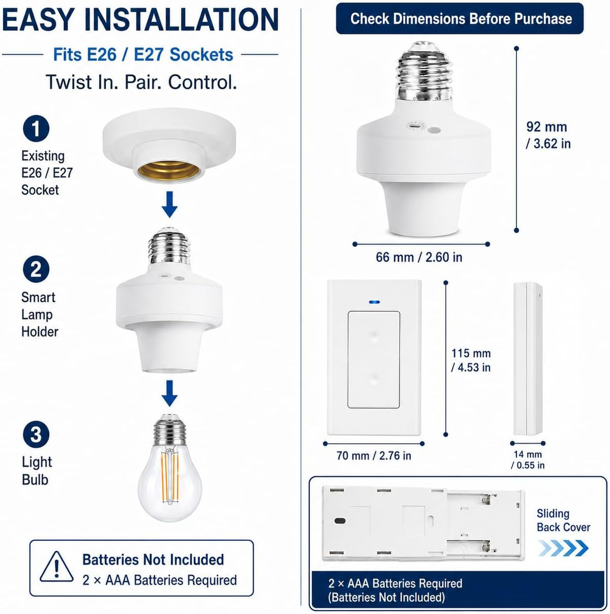 QIACHIP Ewelink 2.4G Wireless Remote Control Light Socket E26 E27 Bulb Socket Adapter, Bluetooth Smart Lamp Holder,Support APP Timing Delay (2 Socket + 1 Switch)
