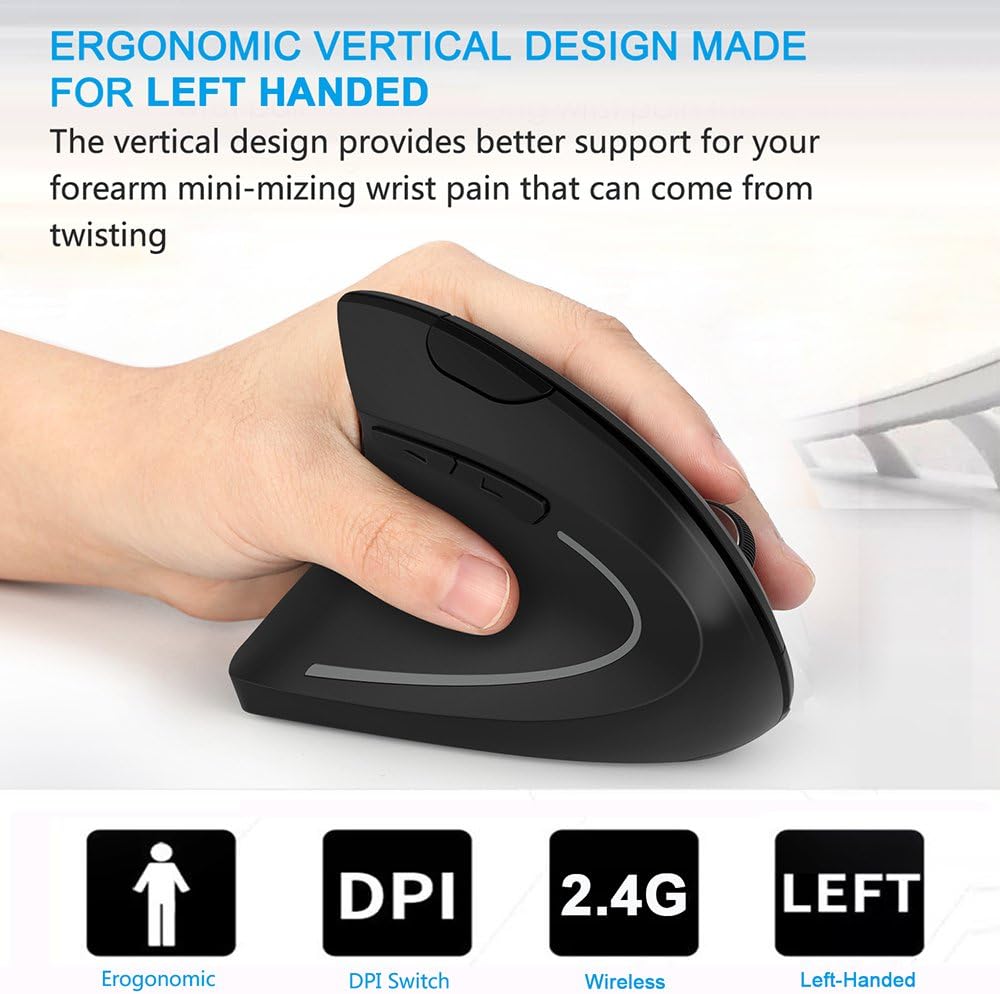 Lekvey Left Handed Mouse, Wireless USB Ergonomic Vertical Lefty Mouse | Only for Left-Hand Users, Quiet Click, 2.4G Wireless, 3 DPI 800/1200/1600, Comfort Grip, Lefty Mouse for Laptop, Mac, PC