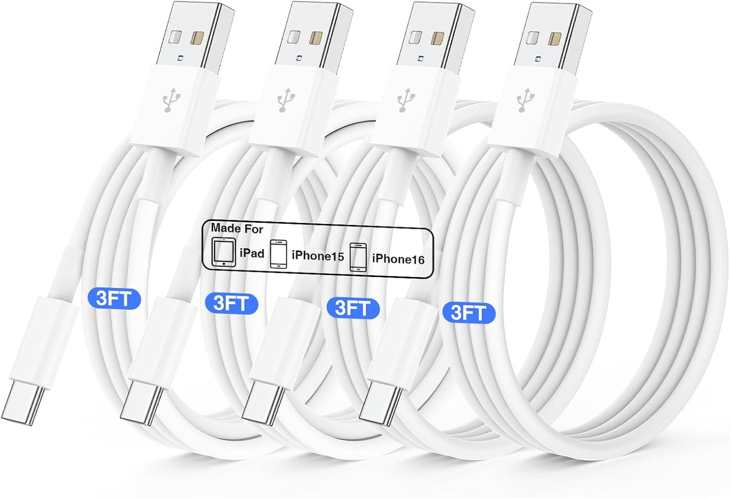 QZIIW 4Pack Apple USB C Fast Charging Cable 3FT for iPhone 17 16 15 Pro max | USB A to USB C Car Carplay Cord for iPhone 17 16 15 Pro/17 16 15 Plus Samsung S26 S25 S24, iPad Pro 12.9/11,Air 5th/4th Gen