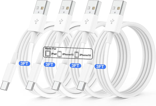 QZIIW 4Pack Apple USB C Fast Charging Cable 3FT for iPhone 17 16 15 Pro max | USB A to USB C Car Carplay Cord for iPhone 17 16 15 Pro/17 16 15 Plus Samsung S26 S25 S24, iPad Pro 12.9/11,Air 5th/4th Gen