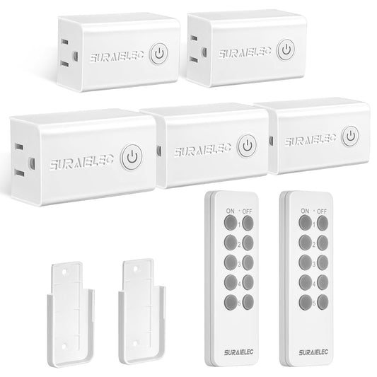 SURAIELEC Remote Control Outlet, Wireless Remote Light Switch, 100 FT, 15A/1875W, Expandable Indoor Compact Side Outlet Plug for Lamps, Fans, Christmas Trees, Small Appliances, 5 Outlets + 2 Remotes
