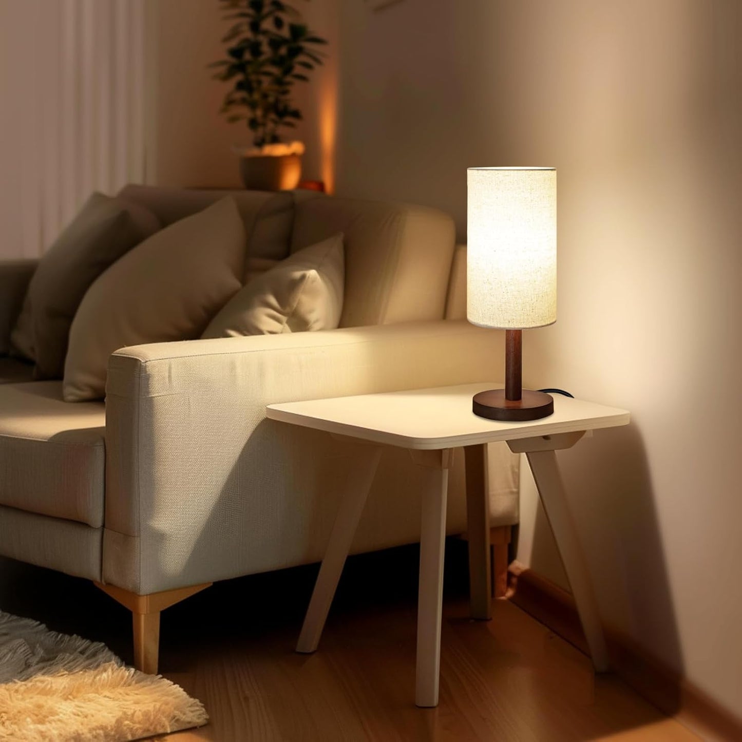 Small Table Lamp for Bedroom, Nightstand Lamp Linen Lampshade Bedroom Wood Base Small Bedside Lamp for Night Stands, Desk Lamps for Reading Living Room, Office (LED Bulb Included) (Black-Walnut Wood)