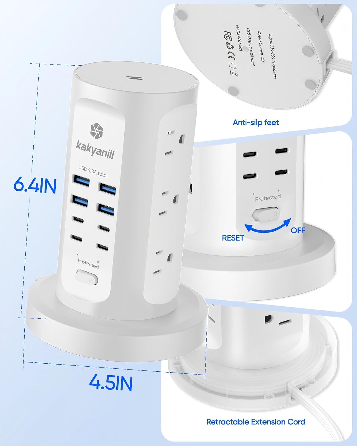 Power Strip Tower, kakyanill Charging Station 9 AC Outlets 8 USB Ports | 6 Ft Retractable Extension Cord, 15W Wireless Charger, White
