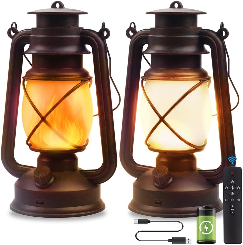 Marlrin USB Rechargeable Lanterns 2 Pack with Remote Control 4 Modes Lights | Vintage Hanging Lanterns Outdoor Waterproof LED Flickering Flame Light Outdoor Indoor Decor for Patio Porch Camping Halloween