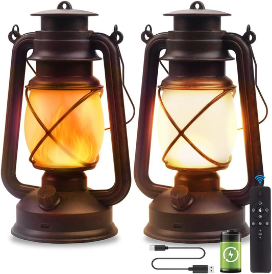 Marlrin USB Rechargeable Lanterns 2 Pack with Remote Control 4 Modes Lights | Vintage Hanging Lanterns Outdoor Waterproof LED Flickering Flame Light Outdoor Indoor Decor for Patio Porch Camping Halloween