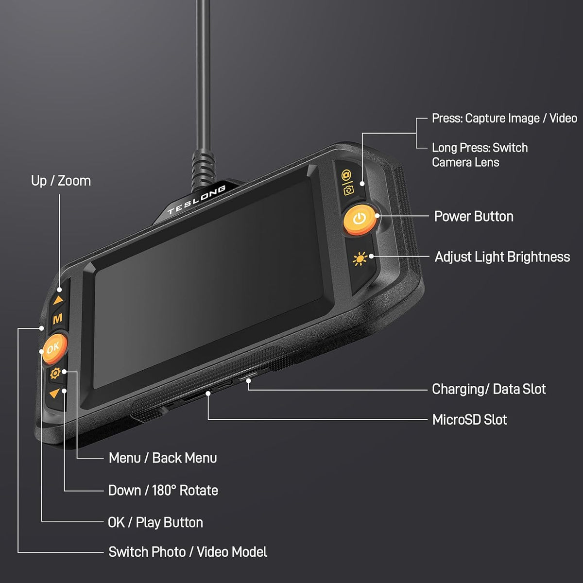 Teslong Dual Lens Borescope with Light for Automotive Mechanic Wall Vent | 0.32 inch Endoscope, 4.3" IPS Screen, 16.5FT Cable, 1.0MP HD, 8+1 LED Lights, IP67 Waterproof, 1500mAh Battery, 1.5x Zoom