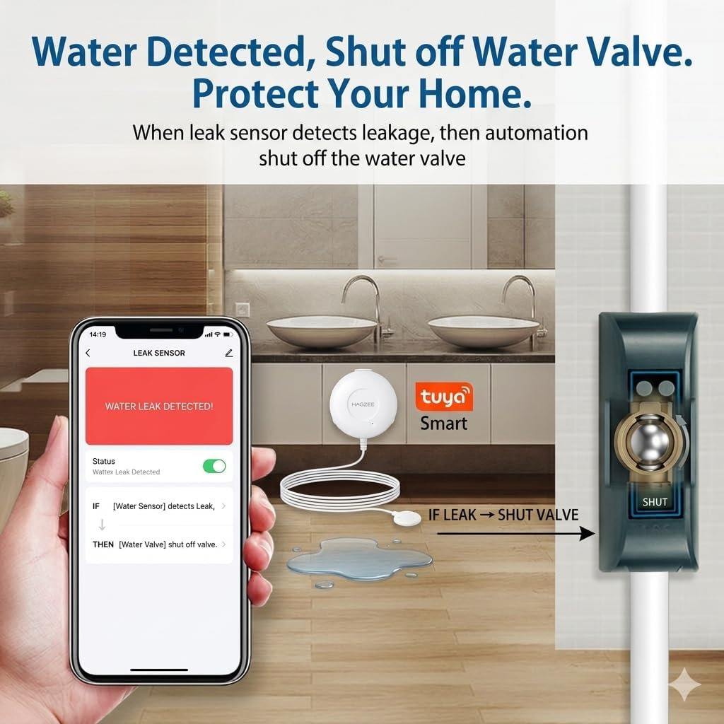 Haozee WiFi Smart Water Valve and Auto Shut-Off | Ultrasonic Flow Detection,Customizable High/Low Flow Alerts, With Wifi Water Sensor,For 3/4" Diameter DN20 Pipe