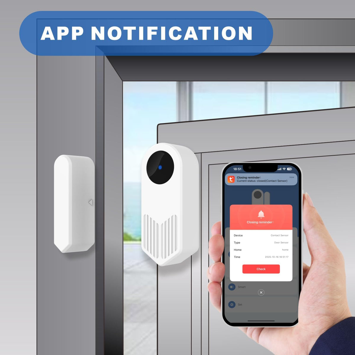 UHPPOTE 2.4GHz WiFi Wireless Smart Door Contact Sensor Window Open Detector | Tuya App Notification, No Hub Required, Compatible with Alexa Google Assistant (1 Pack)