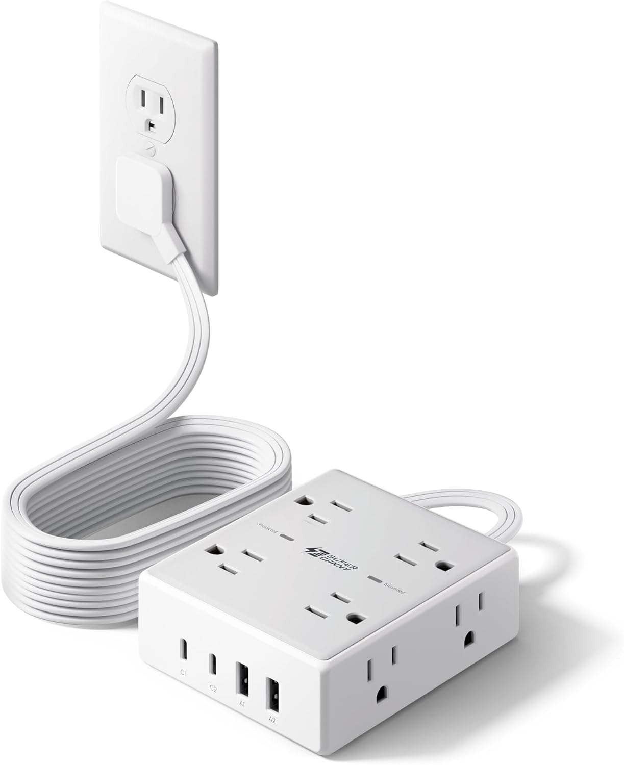 SUPERDANNY Extension Cord,Flat Plug Surge Protector Power Strip,10Ft | 8 AC & 4 USB Ports (2 USB C),Surge Protector with 1050J,Desk Charging Station for Home Office,College Dorm Room Essentials