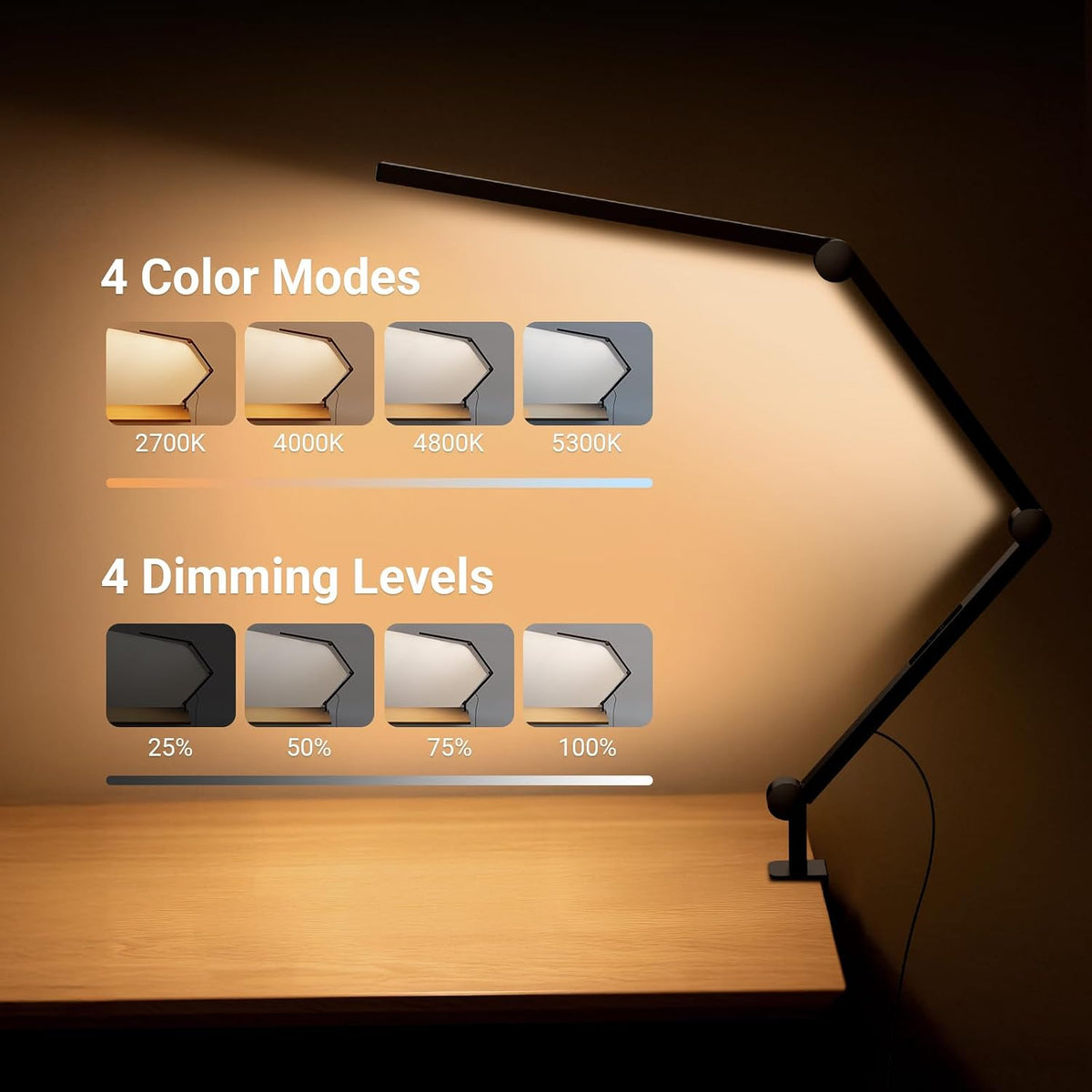 NEEWRE Basics 12W 42.5" Clip On LED Lamp with Dual Light Bar, CRI95+ Bi Color Aluminum Alloy Table Architect Light Dimmable for Home Office Monitor Computer Video Conference Desk Drafting, ME-DL02