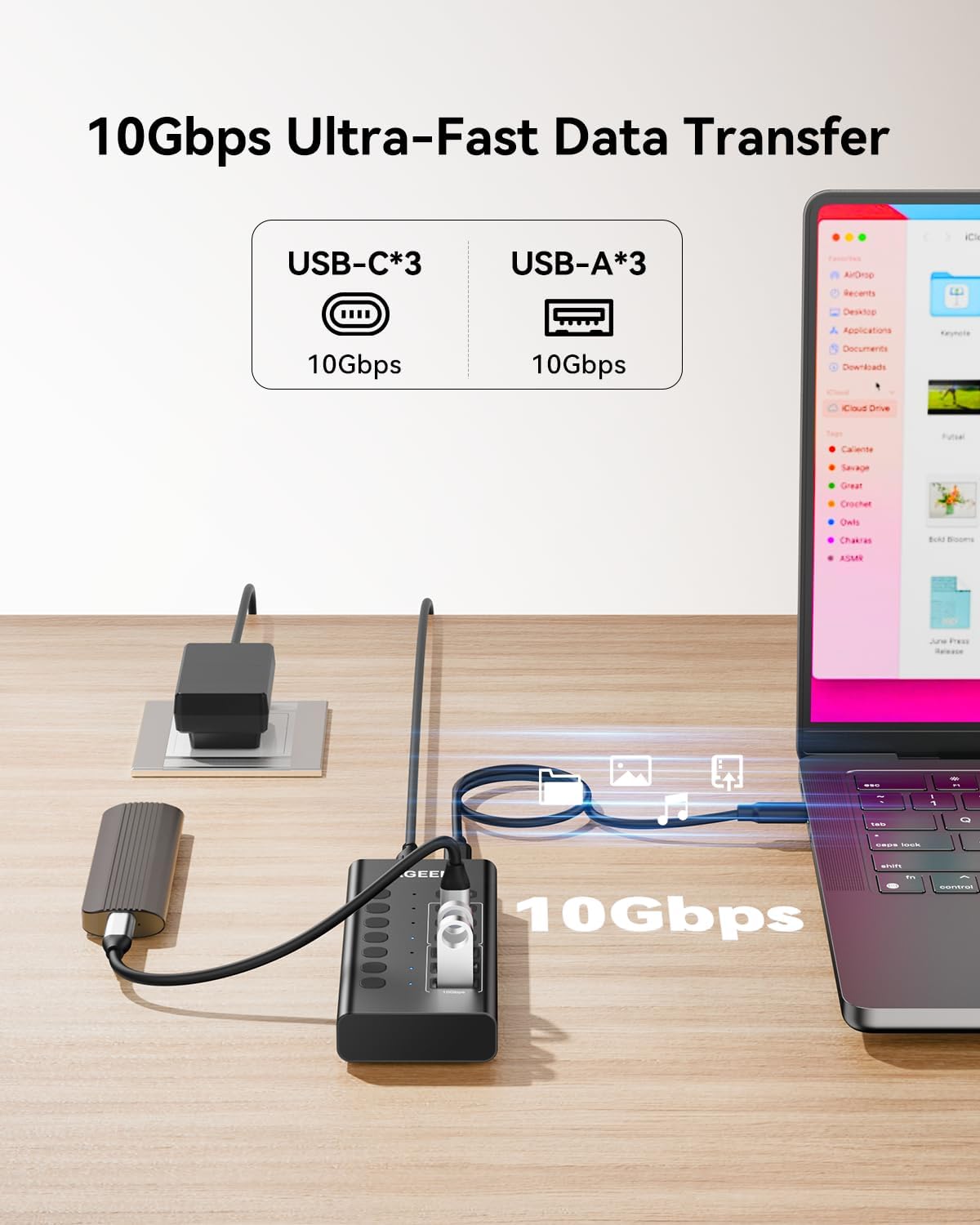 AGEEN USB C Hub, 7-Port 10Gbps Powered USB Hub, USB Splitter with 3 USB-A 3.2 and 3 USB-C 3.2 Ports, PD 30W Charging Port, 60W Power Adapter for PC, Laptop, MacBook, iPad, iPhone, Flash Drive