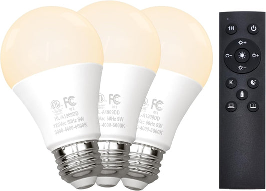 Gupuzm A19 LED Remote Control Bulbs, 800LM 9W, Equivalent to 60W Bulbs, Dimmable Bulb with Remote Control 3000K-6000K, E26 Base, CRI 80+,2.4GHz, Lifespan Over 25,000 Hours (9W-1 Remote-3 Bulb)
