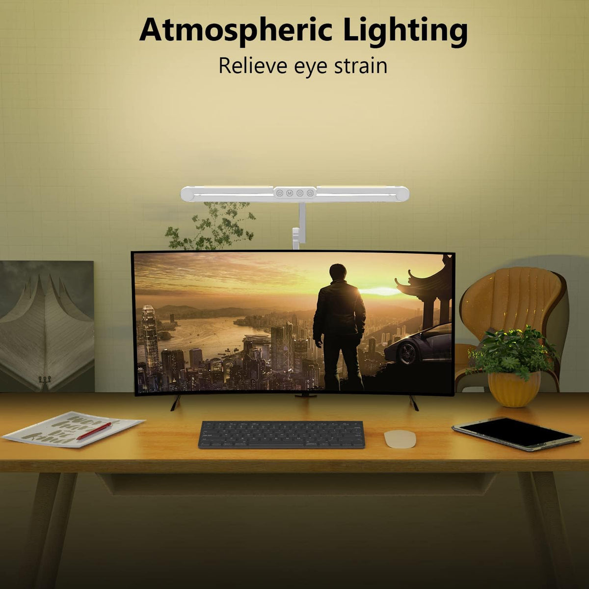 Led Desk Lamp for Home Office, White Architect Desk Lamp with Clamp for Crafting, 24W Bright Rotatable Led Table Light Stepless Dimming Tempering Wide Computer Light with Atmosphere Lighting