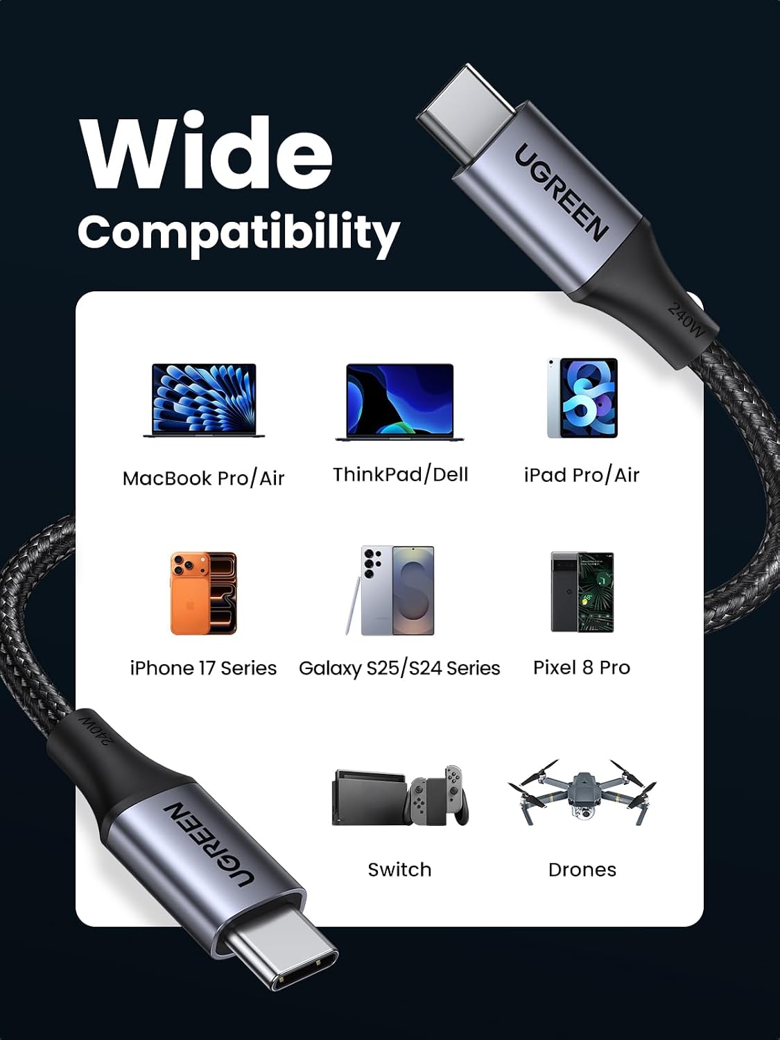UGREEN 240W USB C to USB C Cable, Fast Charging Cable, 6.6ft, Black | For iPhone 17/16/15, MacBook Pro/Air, iPad Pro/Air/Mini, Galaxy S26/S25/S24, Dell XPS, Pixel, Switch, and more. Nylon Braided