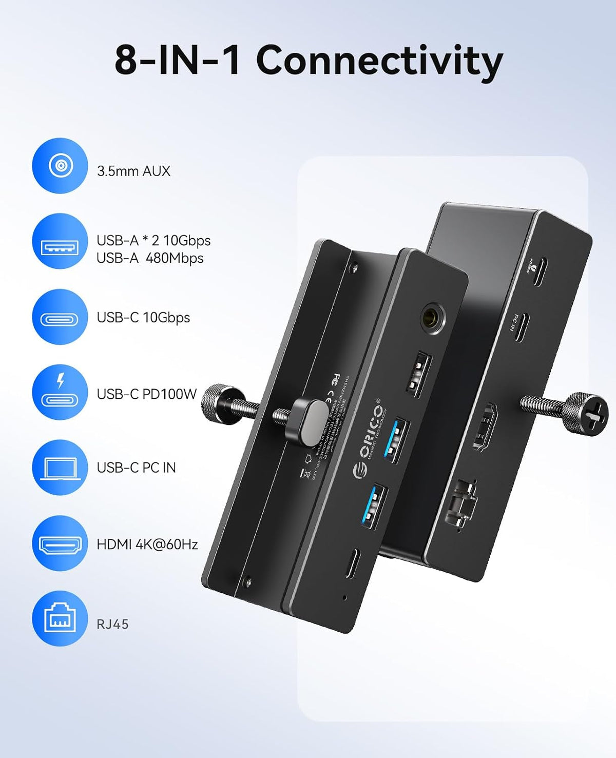 ORICO Clip Docking Station, 8-in-1 Clamp USB C Hub with 4K@60Hz HDMI, 100W PD, Gigabit Ethernet, 4xUSB Port, AUX, 10Gbps Clamp Docking Station for Laptop, MacBook, PC (Adapter Not Included)