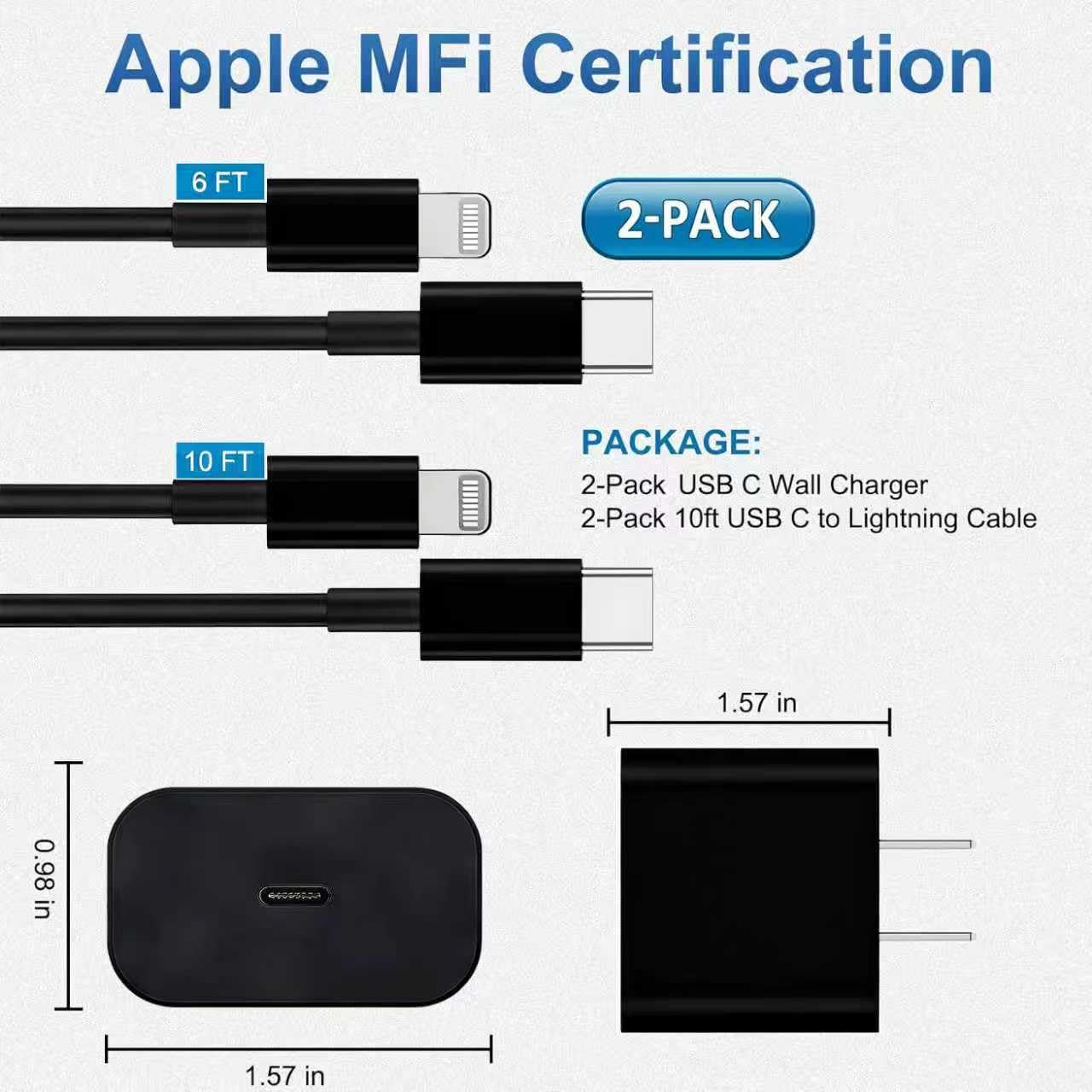 iPhone Charger Fast Charging, USB C Charger Block, 6FT/10FT Lightning Cable | For Apple iPhone 14/13/12/11 Series, 2-Pack USB C to Lightning Cables, AirPods with Lightning Charging Case,Black