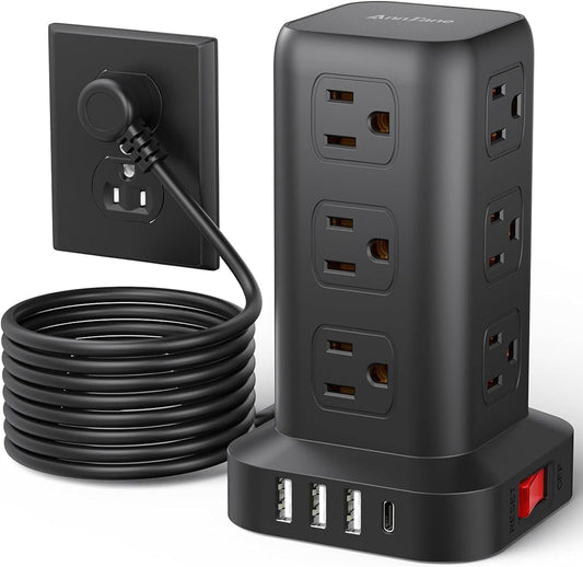 AnnTane Power Strip 10 FT Cord, Power Strip Tower with 4 USB Ports (1USB C), Extension Cord with 12 AC Multiple Outlets, Home Office Supplies Desk Accessories, Dorm Room Essentials