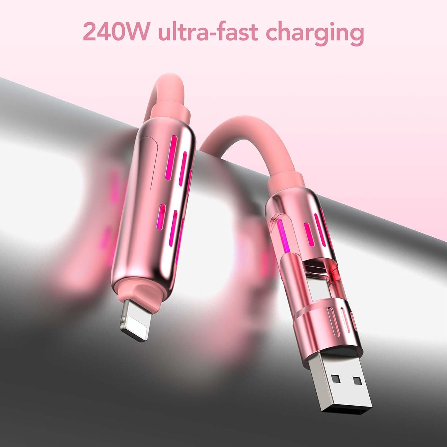 240W 4-in-1 Fast Charging Cable, Pink, 6.6FT | Carrying Case, USB-A & USB-C to USB-C/Lightning, For iPhone 17/16/15/14, MacBook, iPad, Laptop, Samsung S25/S24