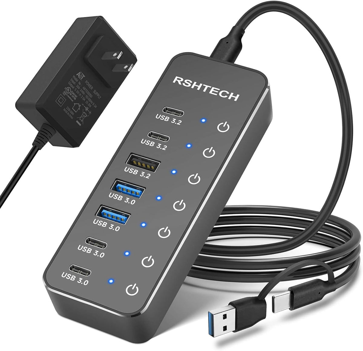 RSHTECH 7-Port Powered USB-C/USB 3.2 Data Hub Splitter, RSH-ST07C-4