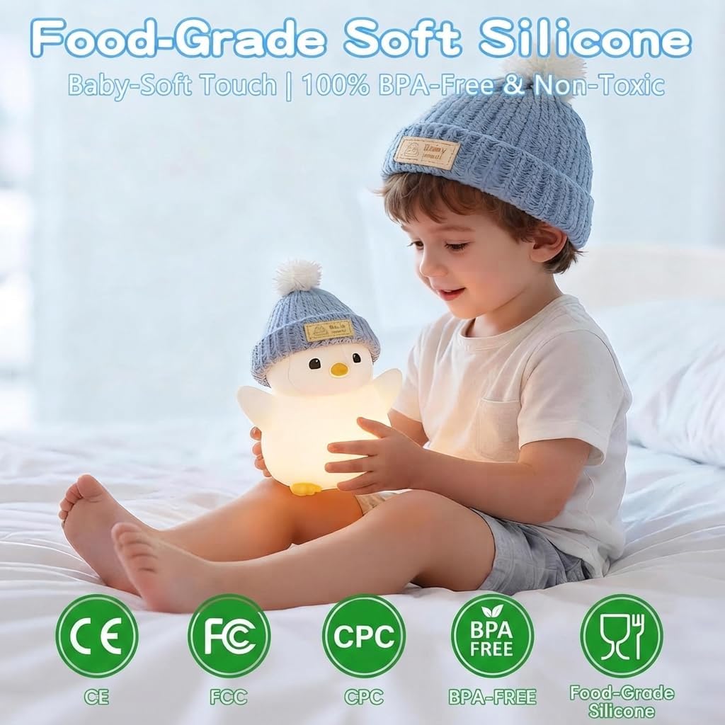 Penguin Night Light for Kids, Squishy Silicone Nursery Lamp | Touch Control, 24-Hour Battery, 20-Min Timer, 3000K Warm LED, BPA-Free Silicone, Baby Nursery Decor, Gift for Kids