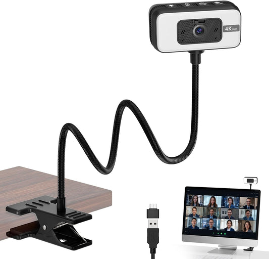 Webcam for PC, 4K Streaming Camera with Light, Web Camera for Desktop/Laptop Computer Webcam with Microphone, Plug and Play USB Web Cam with Bracket, for Video Calls and Meetings (Black)