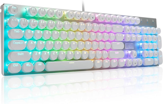 HUO JI E-Yooso Z-88 Wired Typewriter Style Mechanical Keyboard, White | Programmable RGB Backlit, Clicky Blue Switches, Detachable USB-C Cable, Metal Panel, 104 Double-Shot Keycaps for PC Gaming