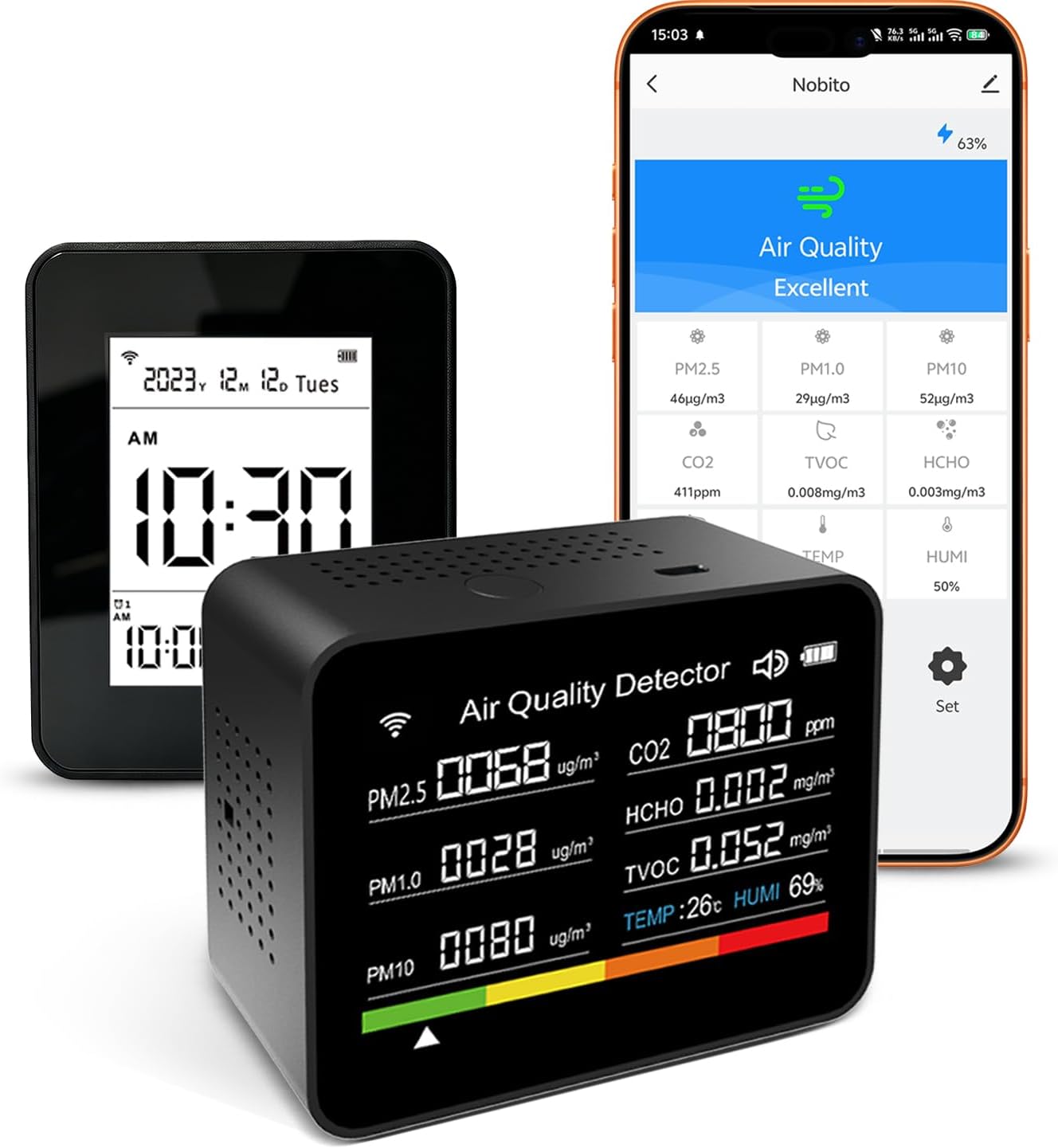Home Air Quality Monitor, 13-in-1 Indoor Air Detector, Carbon Dioxide HCHO TVOC PM2.5 Monitor with Smart Alarm & Timer