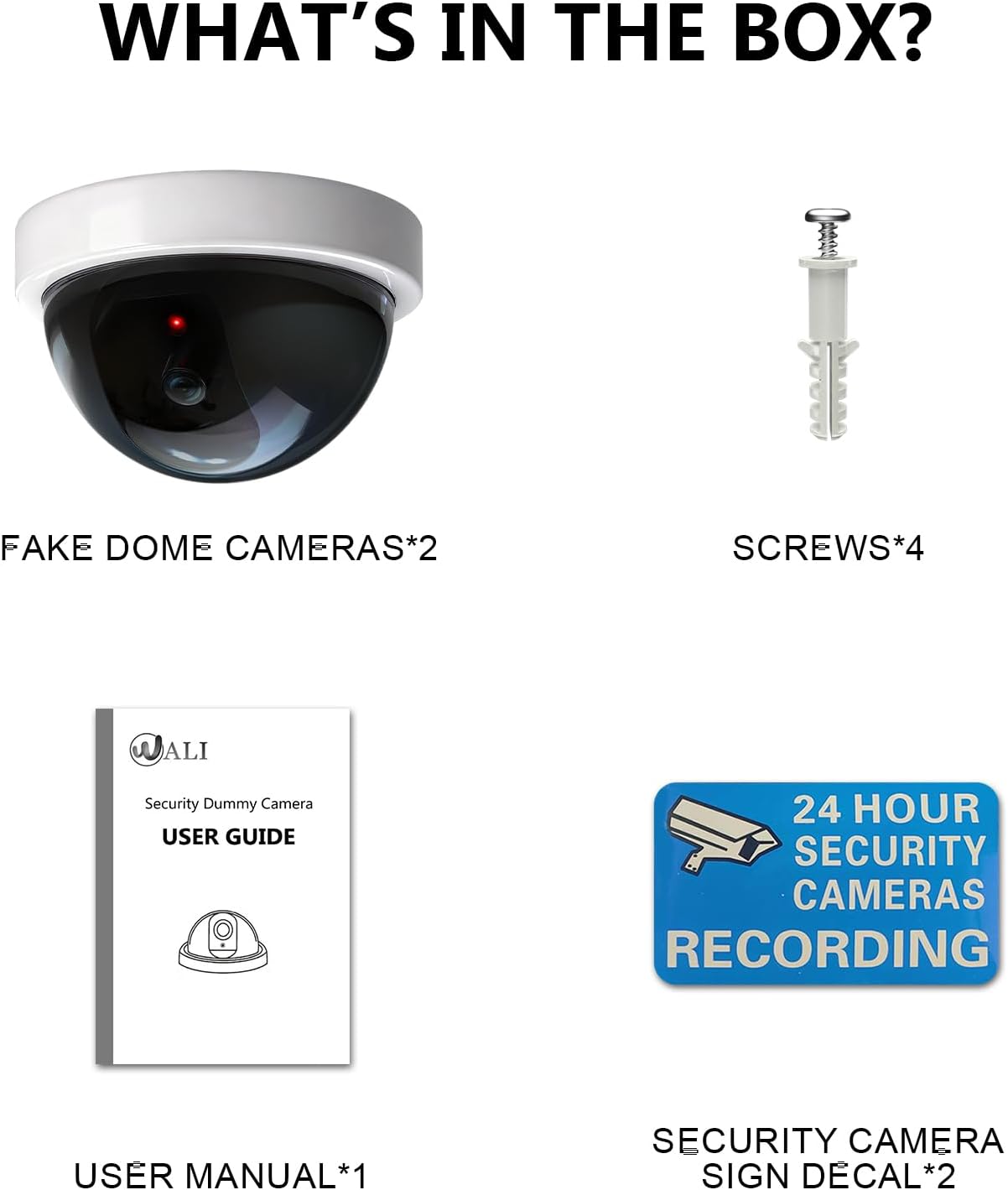 WALI Dummy Fake Security CCTV Dome Camera with Flashing Red LED Light with Security Alert Sticker Decals (SDW-2), 2 Packs, White