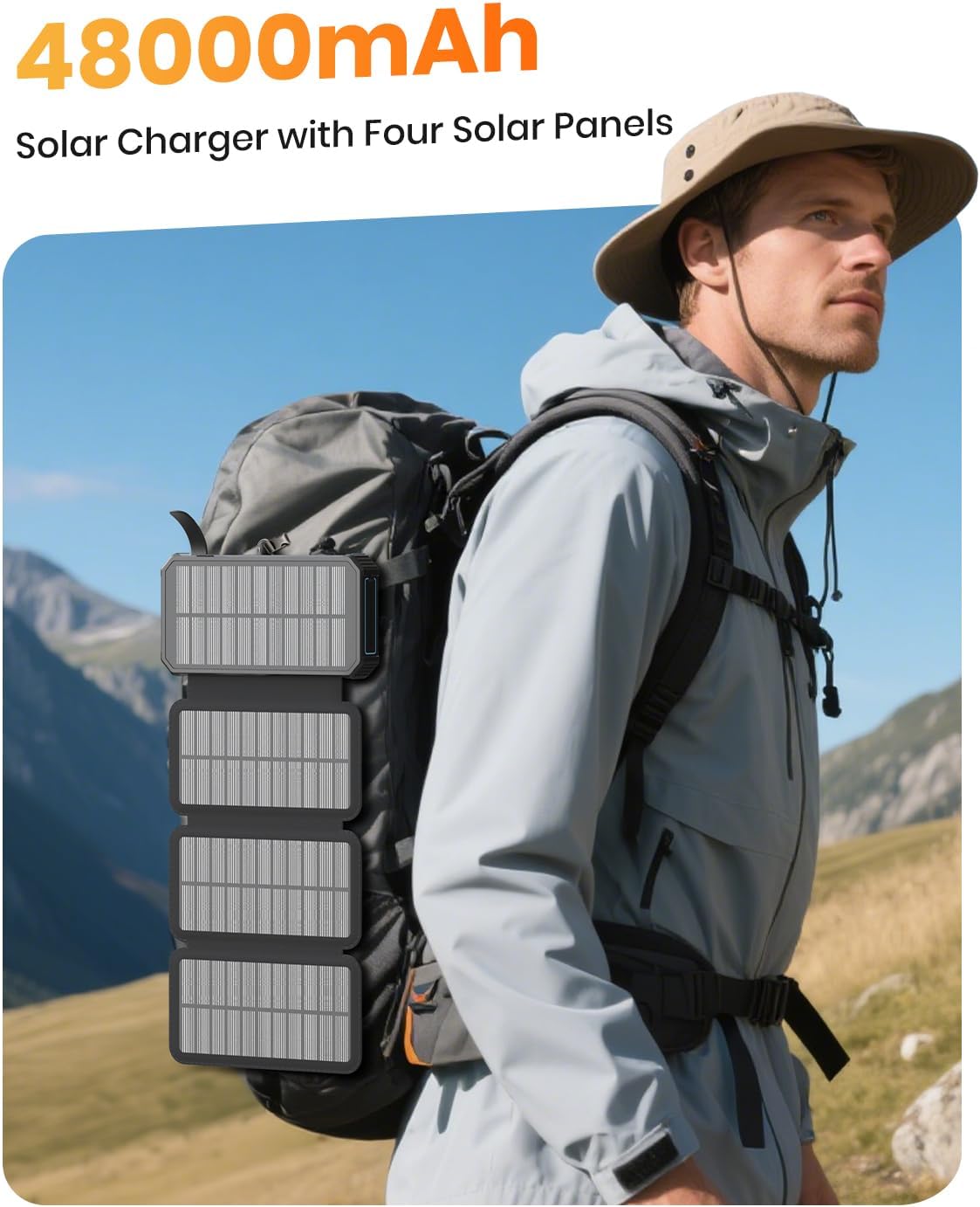 SOARAISE Solar Power Bank 48000mAh Wireless Battery Pack with 4 Cables | Solar Charger with 4 Solar Panels, Built in 4 Cables, PD QC 3.0 Fast Charging, Flashlight for Camping Travel, Rugged Design