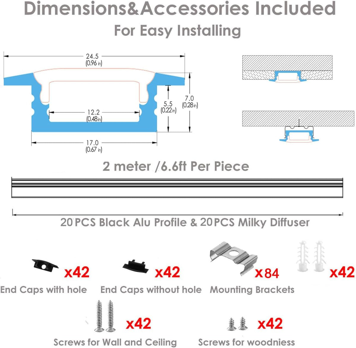 Besseto Black Recessed LED Aluminum Channel for LED Strip Lights 20x2m
