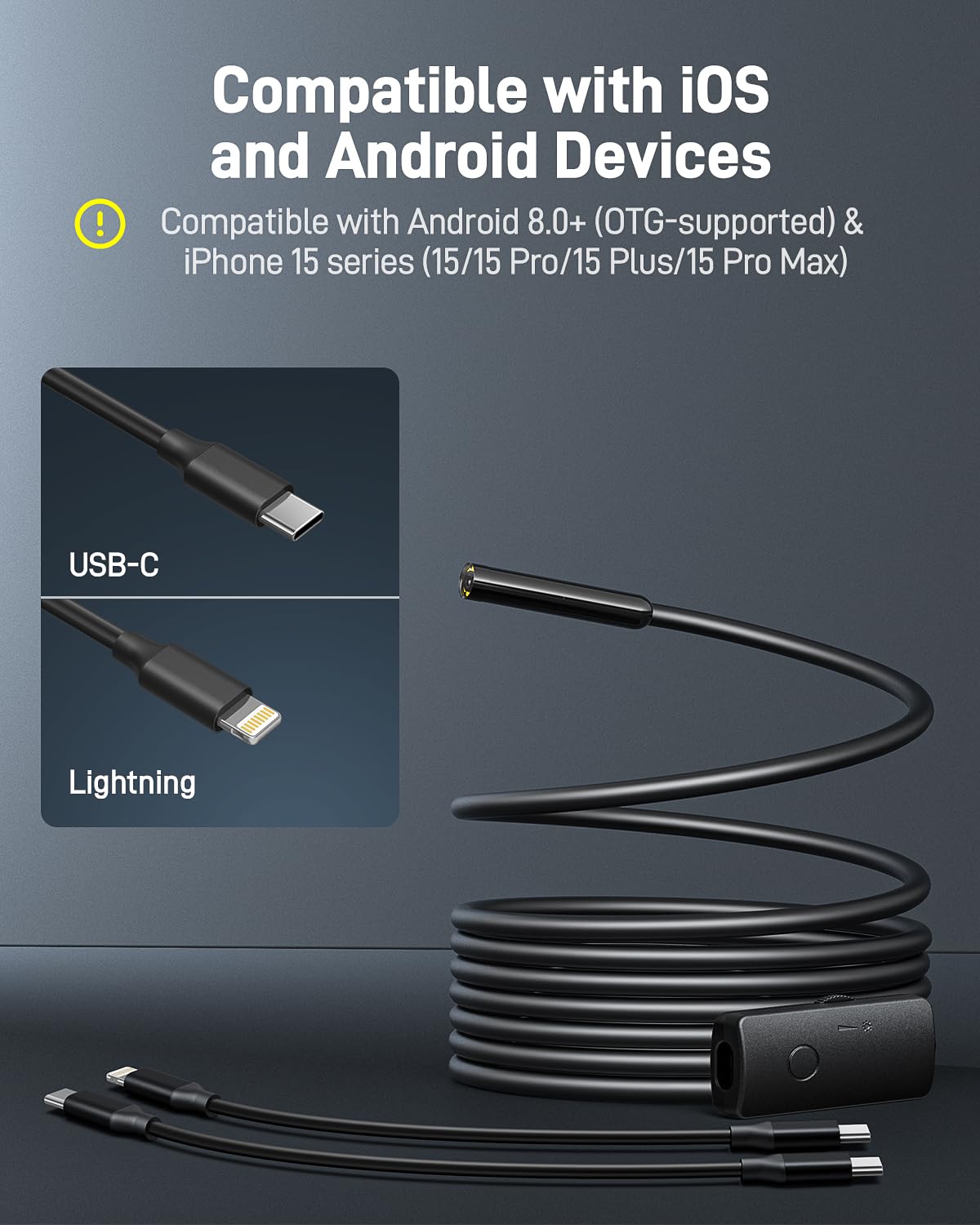 Anykit Endoscope Camera with Light, 1920P HD Borescope | with 8 Adjustable LED Lights,Semi-Rigid Snake Camera, IP67 Waterproof Inspection Cam for iPhone & Android, 9.8 ft Single Lens