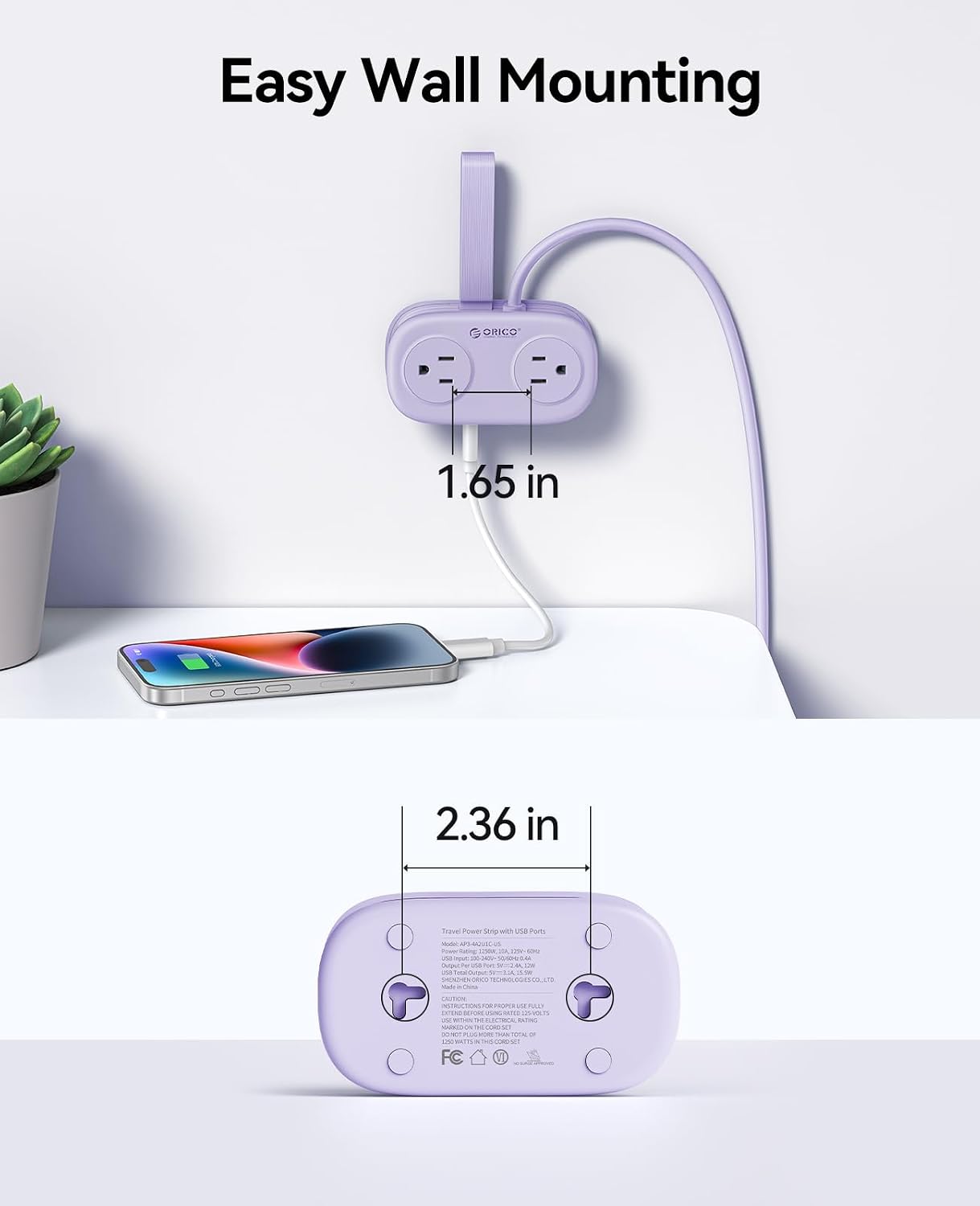ORICO Purple Cruise Approved Travel Power Strip with 4FT Extension Cord | 4 AC Outlets, 2 USB-A Ports, and 1 USB-C Port, with Non Surge Protector for Travel/Dorm/Office ETL Listed -AP3