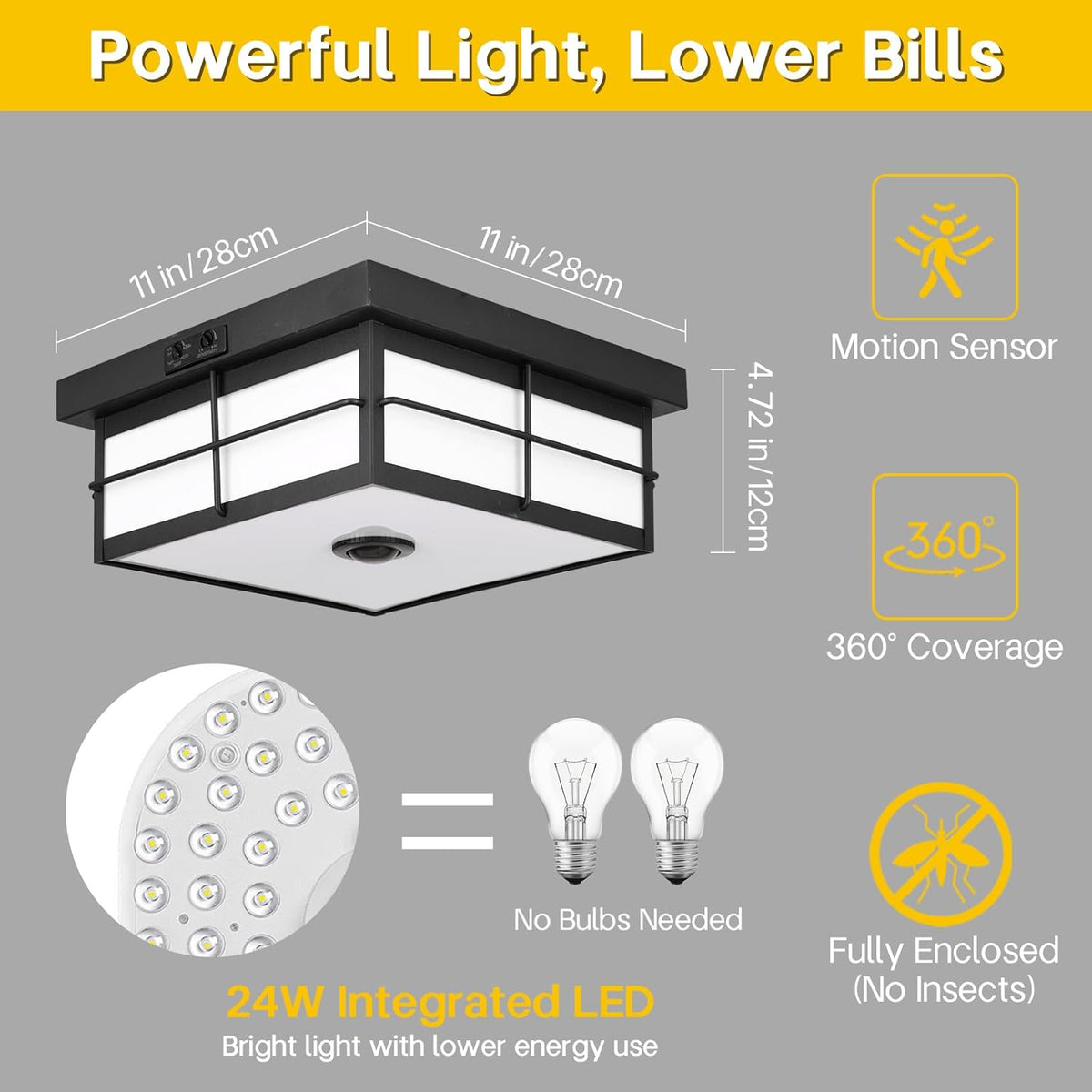 24W LED Motion Sensor Outdoor Ceiling Light, Smart Square Flush Mount Fixture, 3CCT Selectable Dusk to Dawn Porch Light for Garage, Entryway, Patio, Modern Farmhouse Black