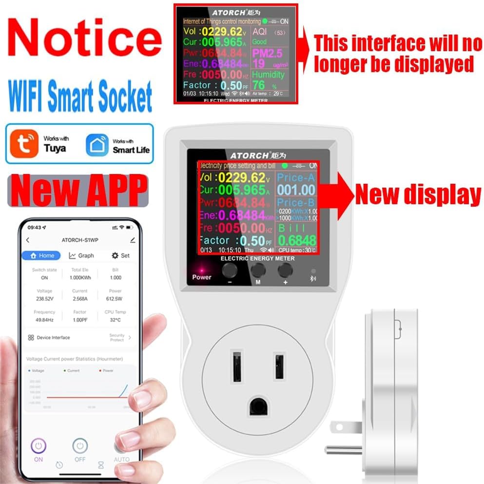 AC WiFi Watt Meter, Plug-in US Socket Power Meter, Electricity bill statistics,temperature control,Backlit Large Color Display, Overload Protection,Voltage AMP Tester, Electrical Energy Monitor Timer